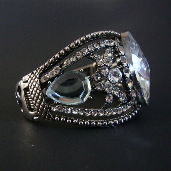 Vintage Silver Tone Clear Crystal Gemstone Hinged Cuff Bracelet - Picture 5 of 6